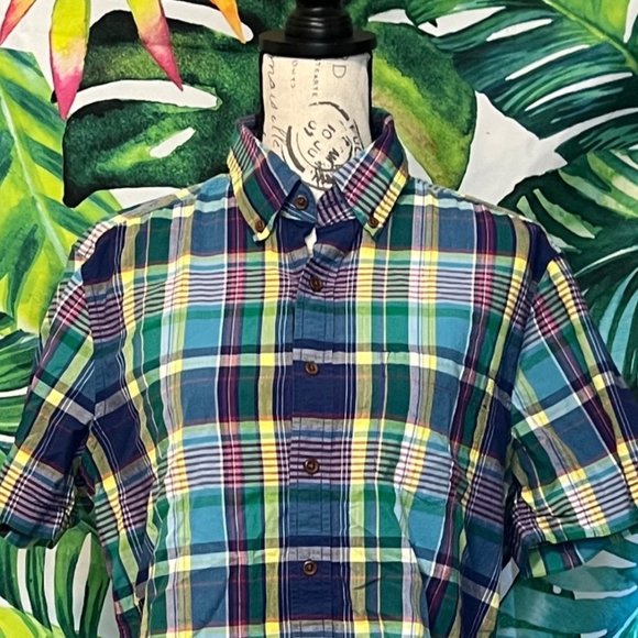 Lands’ End Mens M Green Blue Preppy Outdoor Spring Summer Vacation Plaid Shirt - Picture 2 of 11